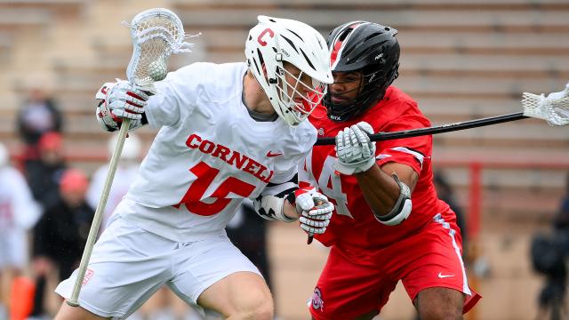 Cornell's CJ Kirst goes up against Ohio State's Bobby Van Buren during Saturday's game at Schoellkopf Field.