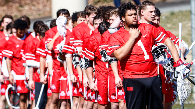 Ohio State goalie Caleb Fyock and teammates during pregame at Virginia