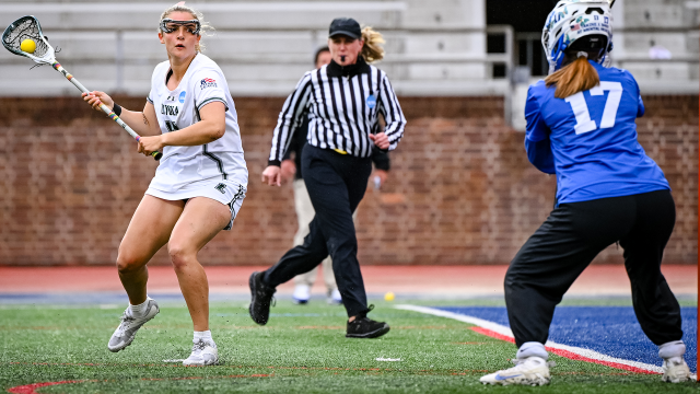 Loyola lacrosse player Regan Kielmeyer attempts an 8-meter shot against Duke at Franklin Field in Philadelphia.