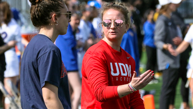 Maddie Dugan on the sidelines during a Detroit Mercy women's lacrosse game