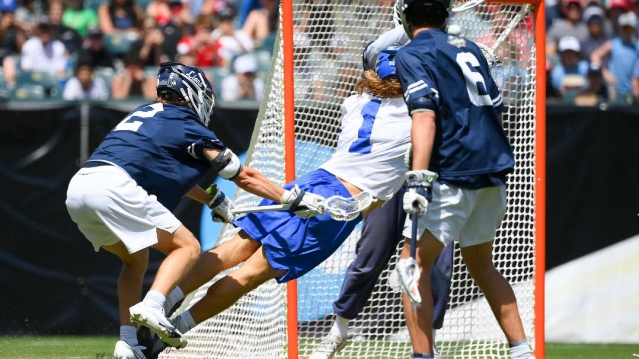 Garrett Leadmon's shot that was ruled the winning goal in overtime of Duke's NCAA semifinal win over Penn State.