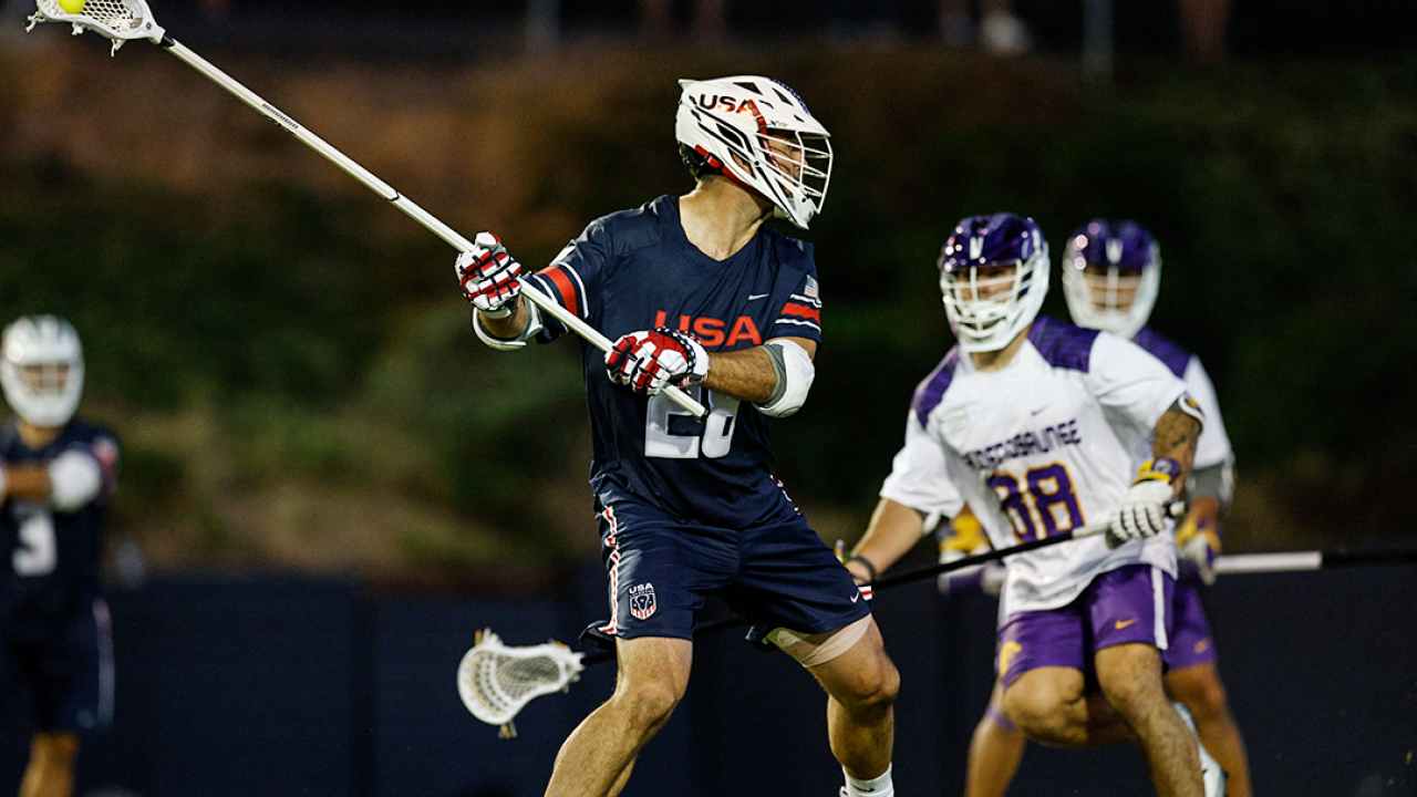 Michael Ehrhardt loads up to shoot before scoring in his return to the U.S. lineup against the Haudenosaunee at Torero Stadium on Saturday night.