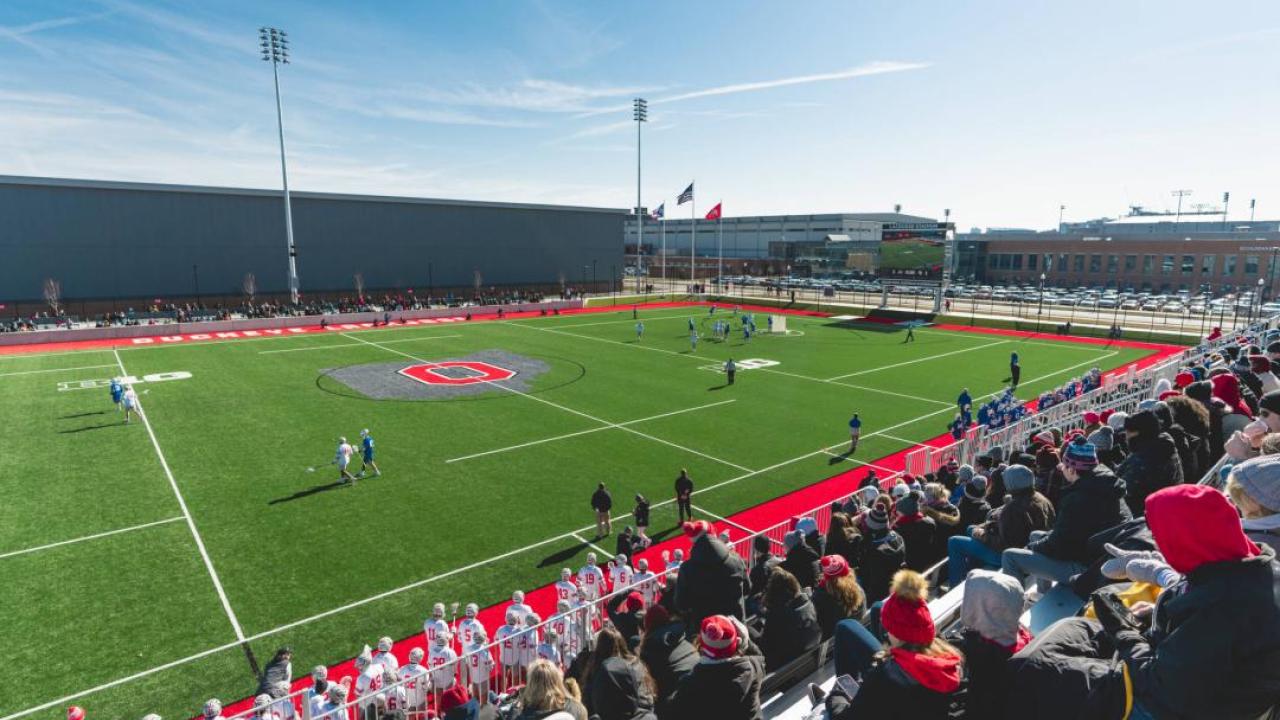 The view from the grandstands as Ohio State takes on Air Force in the first official game at Ohio State Lacrosse Stadium on Feb. 4.