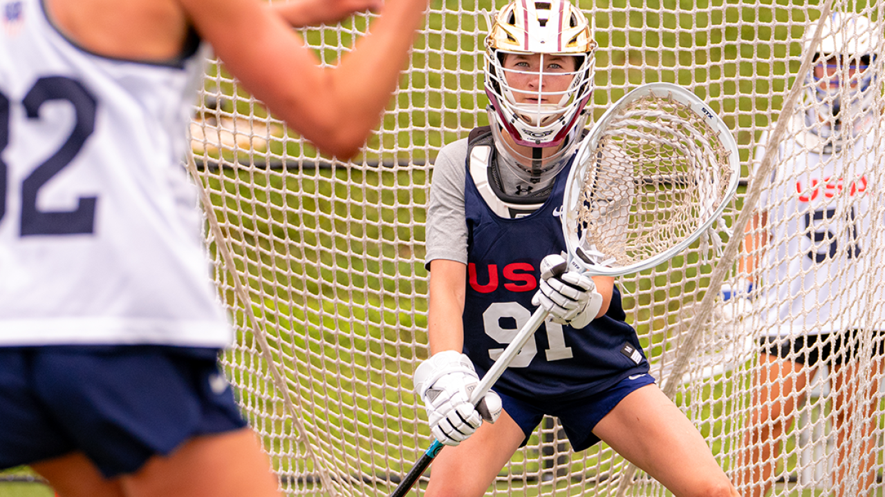 A U.S. Women's U20 goalie prepares to save a shot.