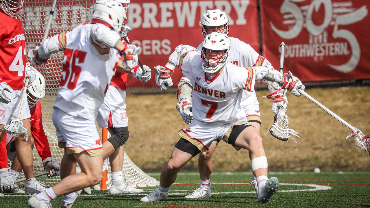 Denver's Noah Manning celebrates during his five-goal day