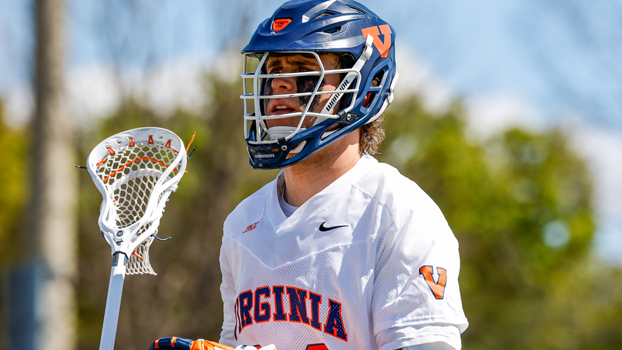 Virginia men's lacrosse player Ben Wayer during pre-game warmups before a game against North Carolina