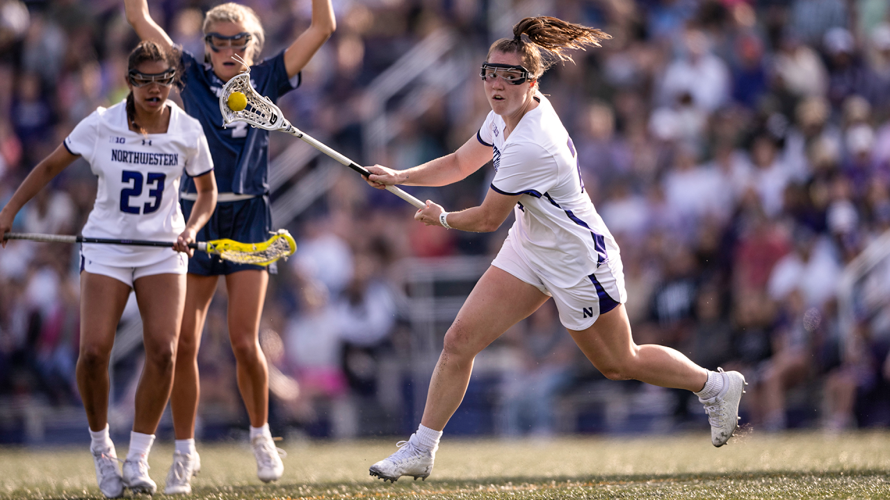 Northwestern women's lacrosse player Izzy Scane dodges on goal in the Big Ten final Saturday