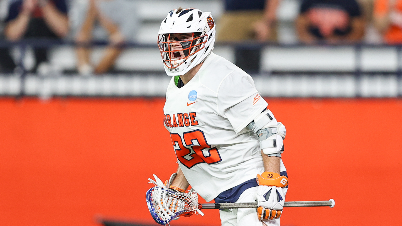 Syracuse men's lacrosse player Joey Spallina roars after scoring