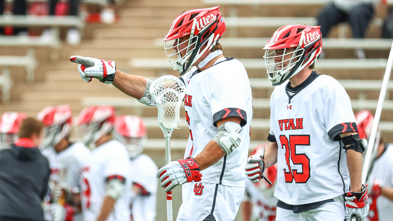 Utah men's lacrosse players celebrate a goal in the ASUN championship game at Air Force