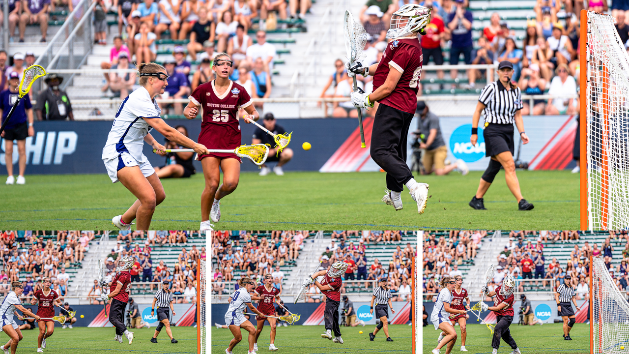 Sequence of Shea Dolce's last-minute leaping kick save on Northwestern's Dylan Amonte in the NCAA women's lacrosse championship game in Cary, N.C.