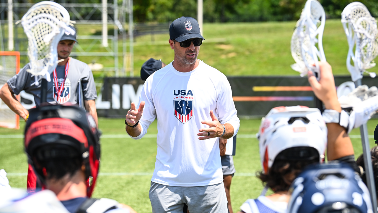 USA Select U18 boys' lacrosse coach Steven Brooks addresses players at the 2022 National Team Development Program Combine at USA Lacrosse