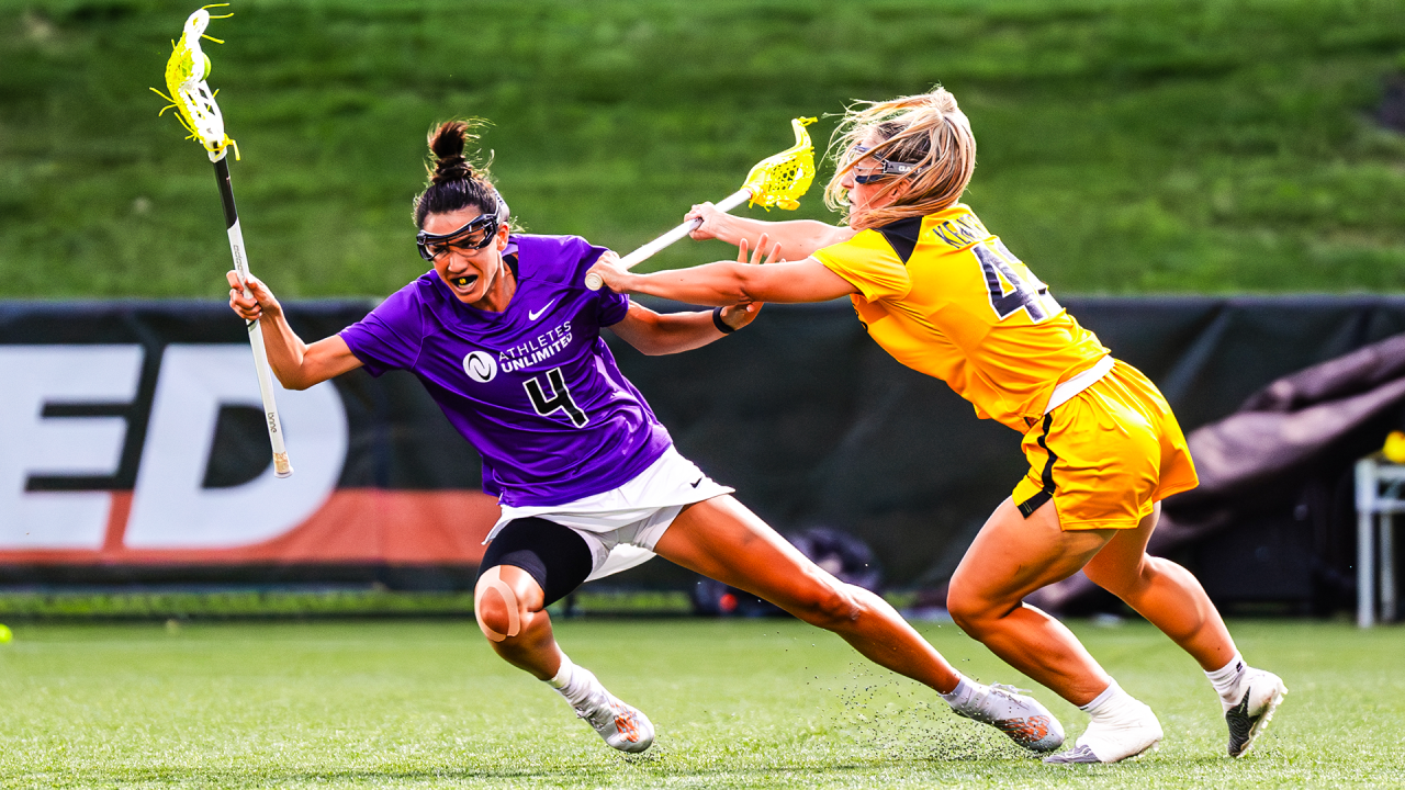 Athletes Unlimited Lacrosse pros Marie McCool and Ally Kennedy in action during the 2023 season at USA Lacrosse in Sparks, Md.