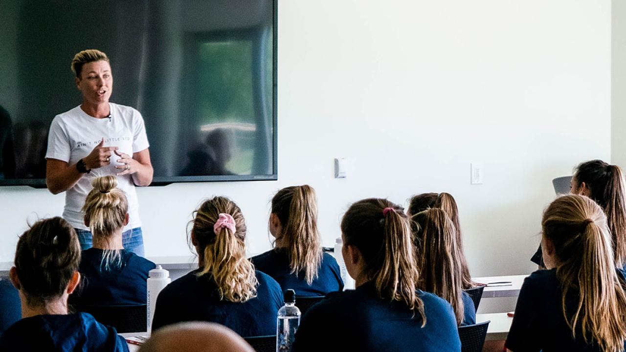 Abby Wambach addresses U.S. Women's National Team players at USA Lacrosse headquarters in Sparks, Md.