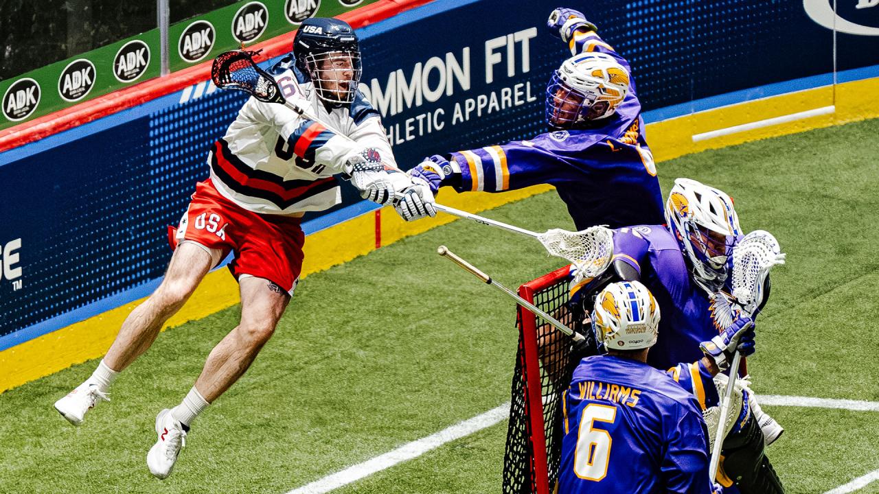 Charlie Bertrand leaps for a goal against the Haudenosaunee