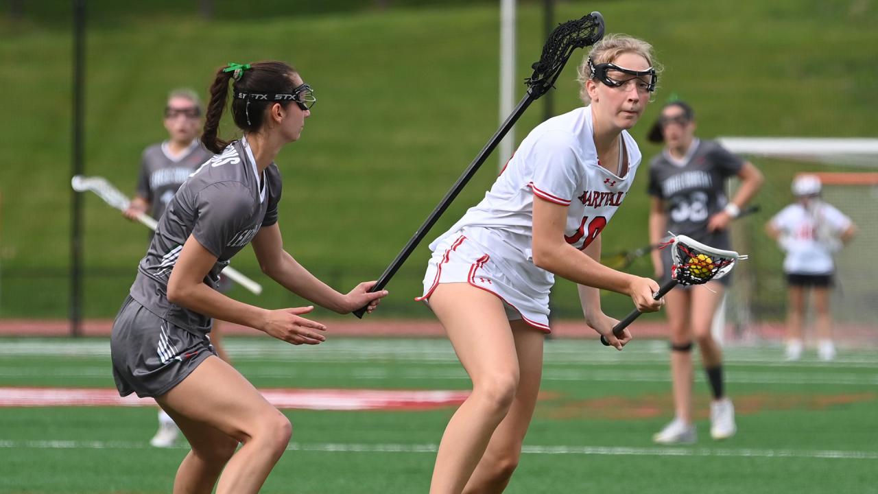 A Maryvale (Md.) girls' lacrosse player is on offense