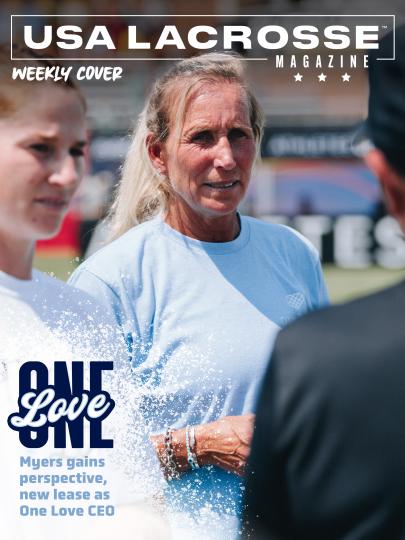 USA Lacrosse Magazine Weekly Cover featuring Julie Myers at USA Lacrosse headquarters.